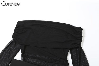 Cutenew Mesh Ruched Women Maxi Dress Sexy See Through Off Shoulder Long Sleeve S