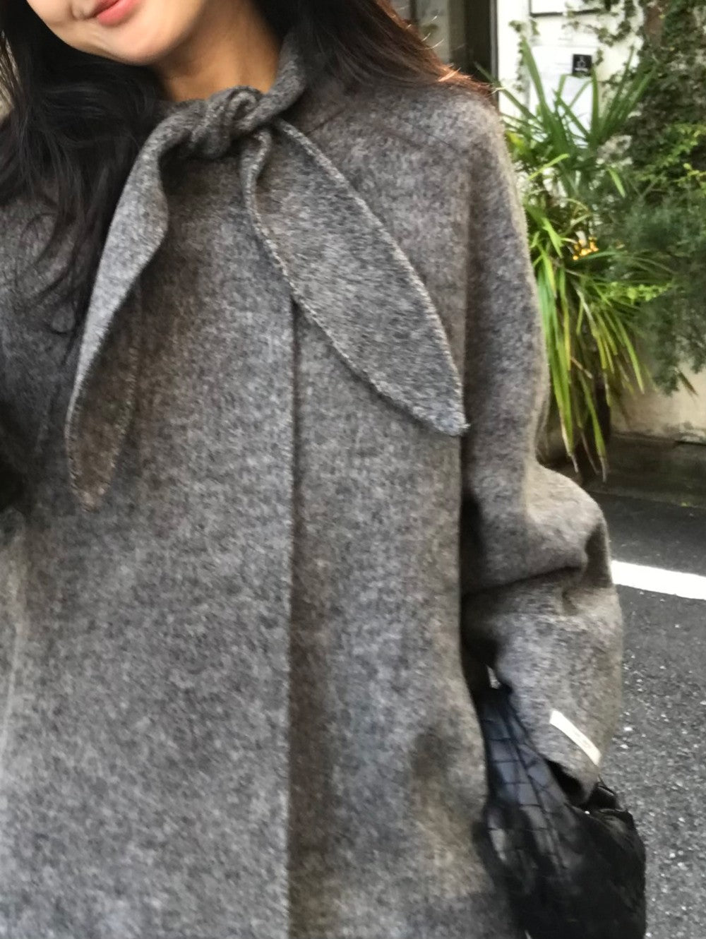 Korean Sle Woolen Coat Women's Chic Temperament Sweet Bow Tie Collar Hooded Warm Woolen Coat Long Sve Mid-Length