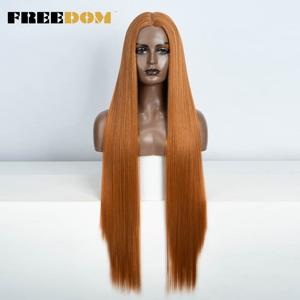 Peruca frontal de renda sintética FREEDOM para mulheres, 38 polegadas, longa, lisa, ombré, marrom, vermelho, gengibre, destaque, perucas frontais de renda, peruca de cosplay