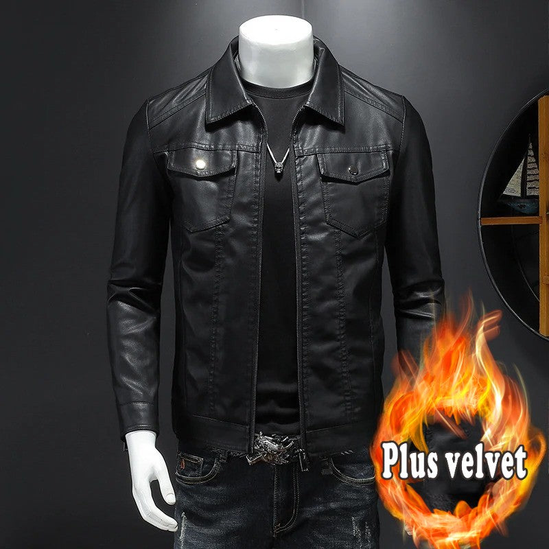 Men's Lapel Leather Jacket Autumn Oversized Slim Motorcycle Riding Suit Winter Thickened PU Leather Waterproof Work Clothes