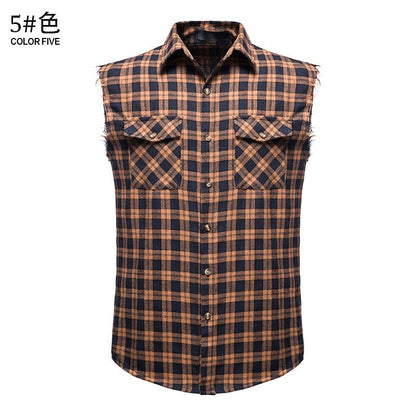 Men's Casual Flannel Plaid Sleeveless Shirt New Double Pocket Cowboy Button Down Shirts Men Cotton Plus Size Vest Checkered Top
