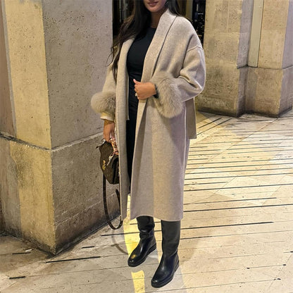 Elegant Faux Fur Cuffs Woolen Coat With Belt For Women Fashion Lapel Long Sleeve Lace Up Maxi Jacket Lady 2025 Autumn Outerwear