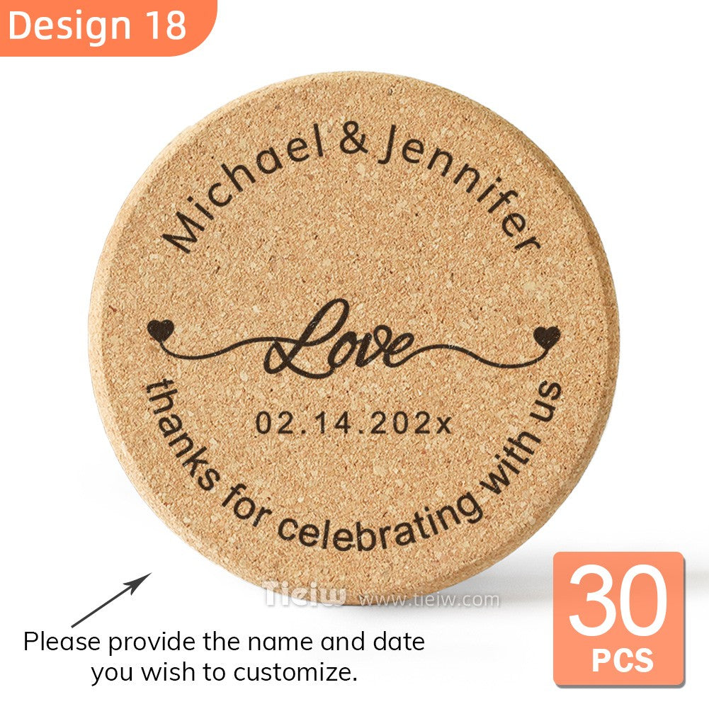 30pcs Personalized Cork Coasters-Tieiw Design-Wedding Favor for Guests Party Bridal Shower Corporate Engraved Coaster Gifts Bulk
