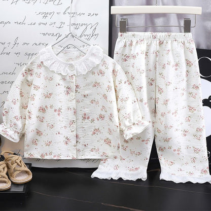 Kids Home Clothes 2Pcs Set Baby Loose Pajamas Fashion Girl Lace Floral Print Sleepwear Children Air Conditioner Long Sleeve Pant