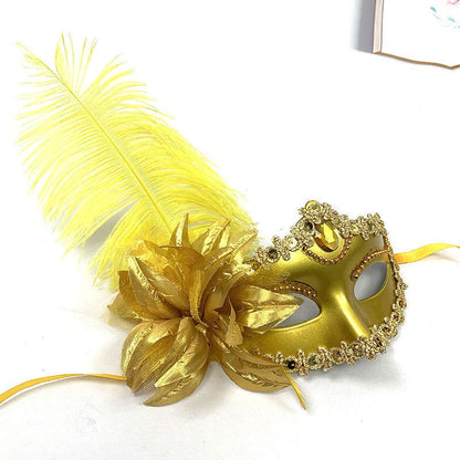 Feather Rhinestones Masquerade Mask Lace Women Flower Fashion Half Face Sexy Halloween Christmas Easter Cosplay Party Prom White