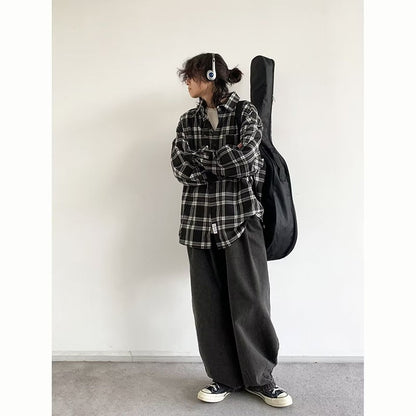 Japanese Cargo Shirt Men Women Vintage Black White Checkered Loose Long-sleeved Tops Spring Casual Lapel Unisex Oversize Shirts