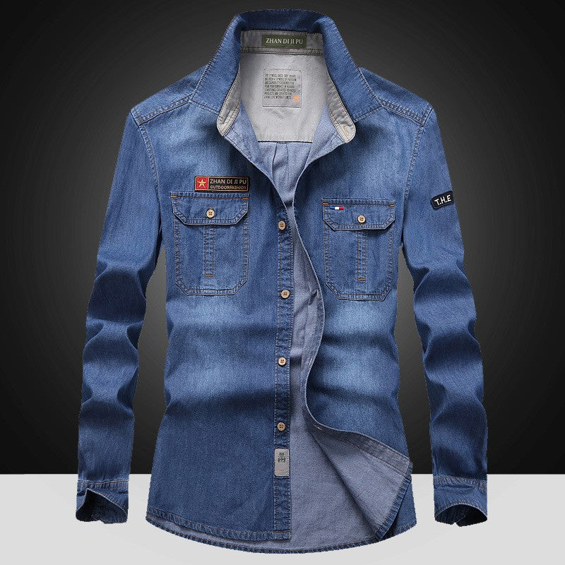 New Spring Man Long-sleeved Denim Shirts Men Outdoor Multi-pocket Tooling Shirts High Quality Male Cotton Casual Jeans Shirts 4
