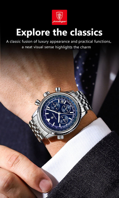 POEDAGAR Luxury Sport Man Watch Chronograph Date Waterproof Luminous Men's Quartz Watches Stainless Steel Fashion Men Wristwatch