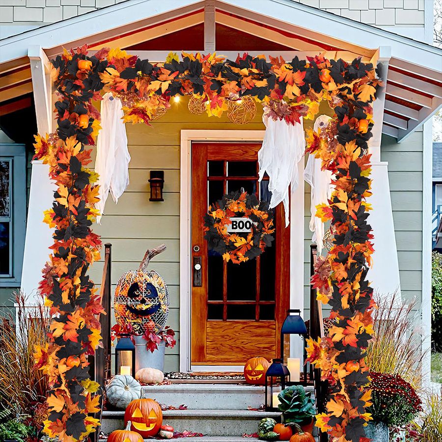 Halloween Artificial Vines Red Black Autumn Maple Leaves Fake Garland For Home Christmas Thanksgiving Party Fireplace Fall Decor