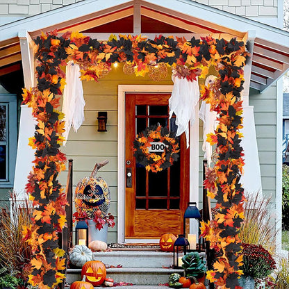 Halloween Artificial Vines Red Black Autumn Maple Leaves Fake Garland For Home Christmas Thanksgiving Party Fireplace Fall Decor