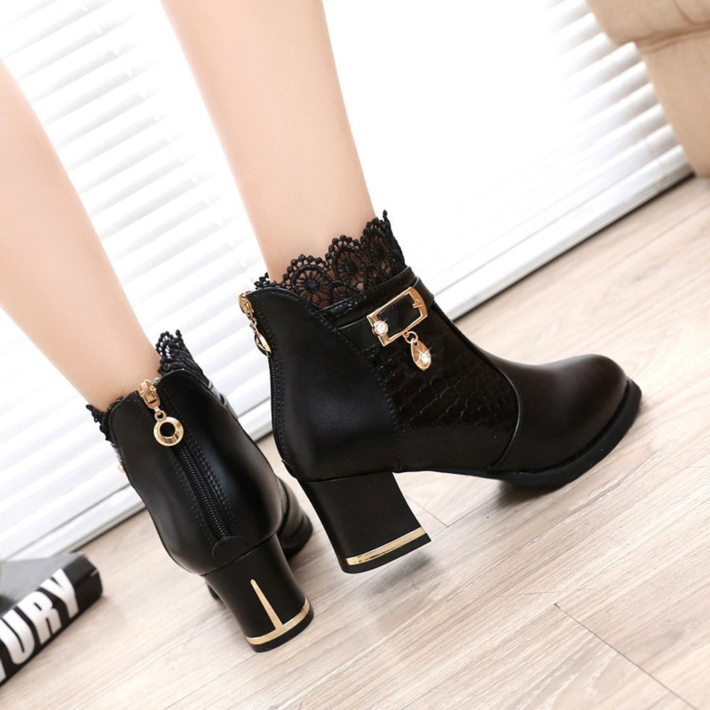Women'S Ladies Boots Fall Winter Vintage Leather Lace Short Boots Shoes Women'S Fashion Lace Trim Boots Mid-Heeled Boots