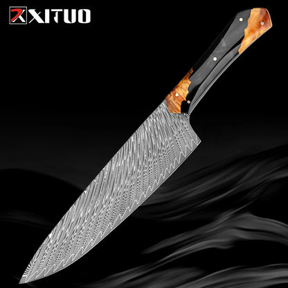 Conjunto de Facas de Chef XITUO Artesanais de Aço Damasco 1-5 peças, Facas de Cozinha Full Tang Extremamente Afiadas Santoku e Faca para Legumes, Cabo Ergonômico