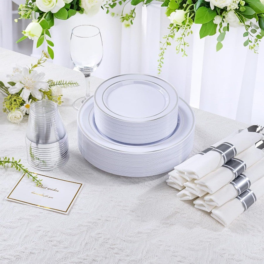 350PCS Silver Plastic Dinnerware Set for 50 Guests Fancy Disposable Plates for Party Include: 50 Dinner Plates 50 Dessert Plate