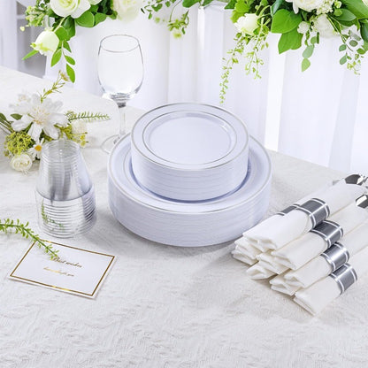 350PCS Silver Plastic Dinnerware Set for 50 Guests Fancy Disposable Plates for Party Include: 50 Dinner Plates 50 Dessert Plate