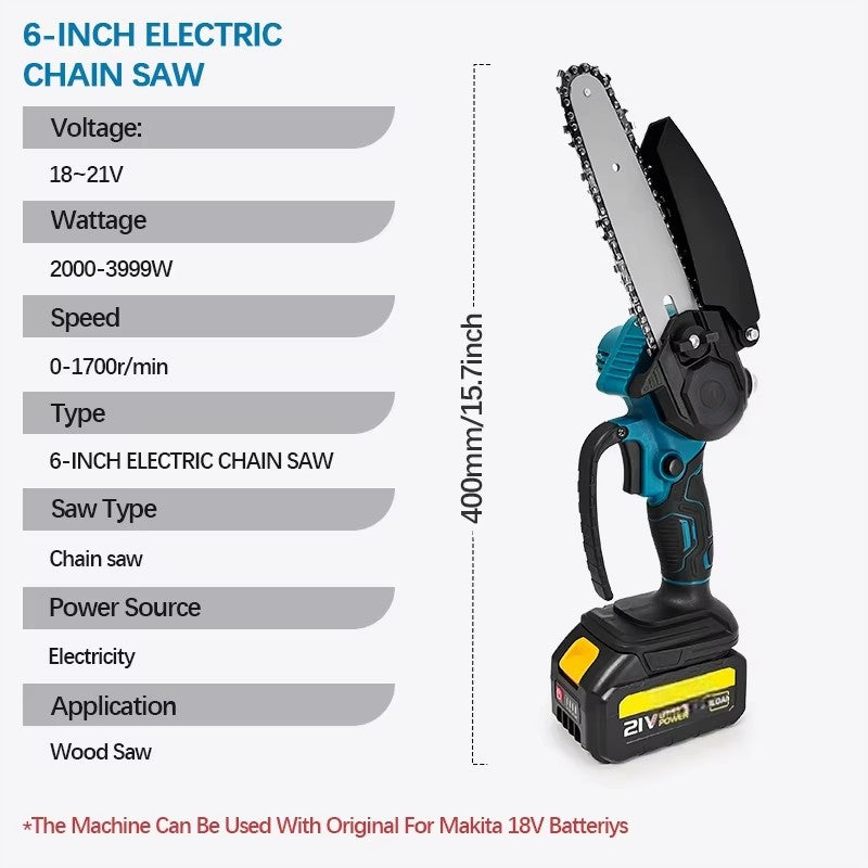 Mini-motosserra elétrica 1700RPM 6 polegadas Li-Ion, serra elétrica portátil de uma mão, compatível com bateria Makita 18V