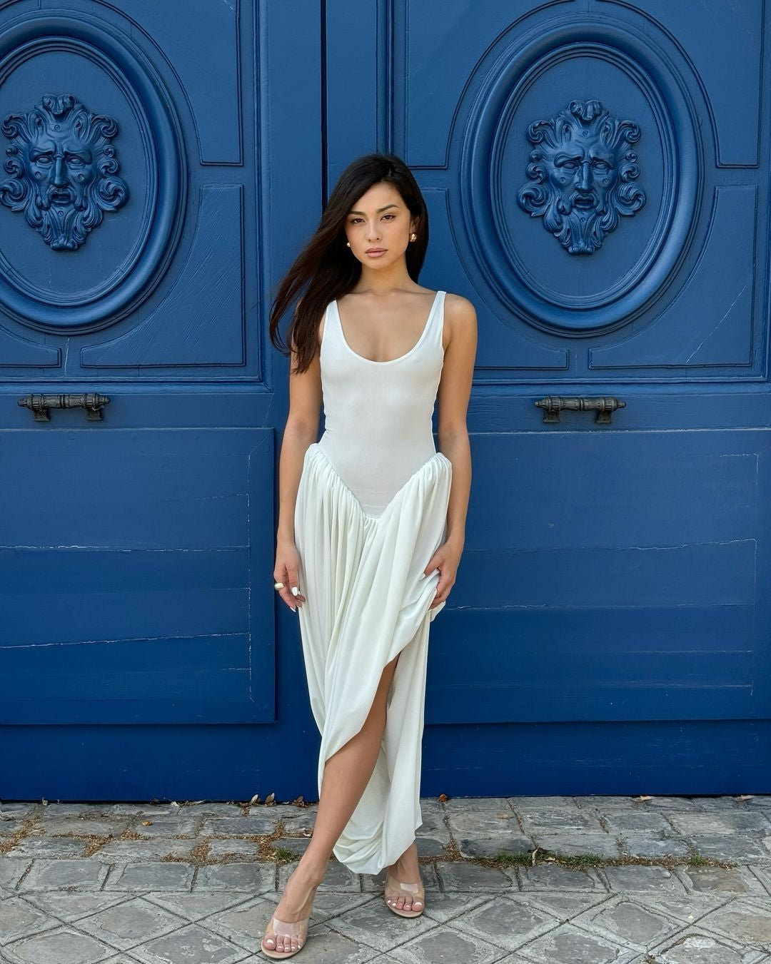 Women Sleeveless High Waist Split Sling Dresses White Elegant U Neck Irregular P