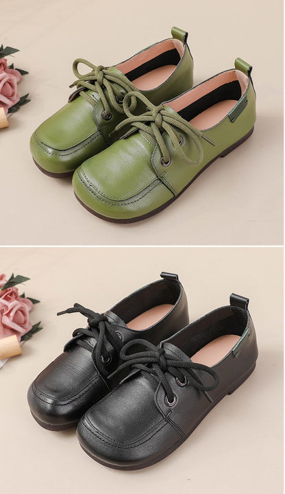 Vintage Plain Oxfords Shoes Women's Genuine Leather Flats Ladies Laced Up Moccasins Elderly Woman Square Toe Driving Loaferss