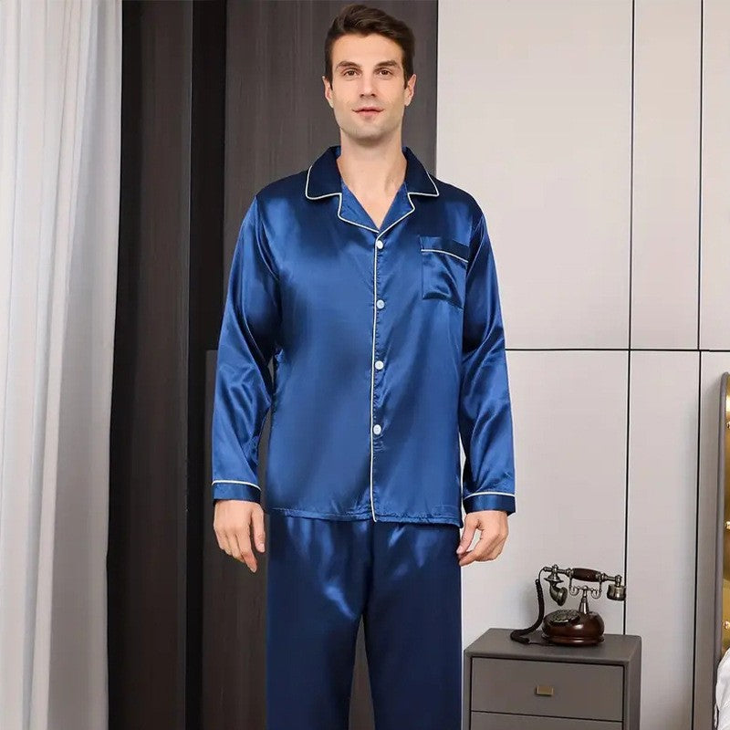 2PCS/Set Plus Size Solid Long-Sleeved Pyjamas Men Spring and Autumn Silk Sleepwear Homewear Cardigan Lapel Trousers Nightwear