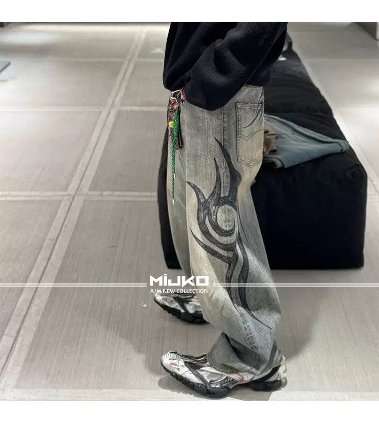 MIJKO New Retro Dragon Pattern Totem Print Bamboo Baggy Drawstring Washed Jeans For Men Women Denim Pants ZJ083
