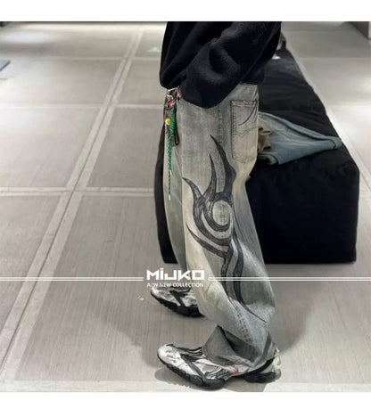 MIJKO New Retro Dragon Pattern Totem Print Bamboo Baggy Drawstring Washed Jeans For Men Women Denim Pants ZJ083