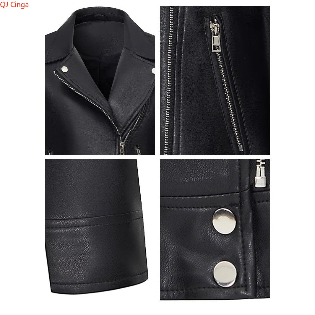 New Fall Women's Black Long-Sleeve Leather Jacket, Short-Length Collared PU Coat, Stylish Slim-Fit Biker Top.