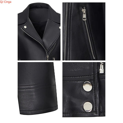 New Fall Women's Black Long-Sleeve Leather Jacket, Short-Length Collared PU Coat, Stylish Slim-Fit Biker Top.
