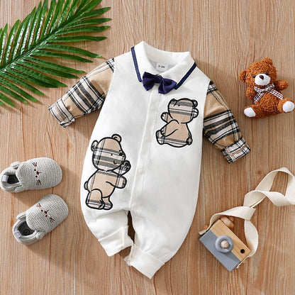 Newborn Clothes Gentleman Bear Embroidered Cotton Comfortable 0-18 Boys And Girls Spring And Autumn Long Sleeved Baby Jumpsuit