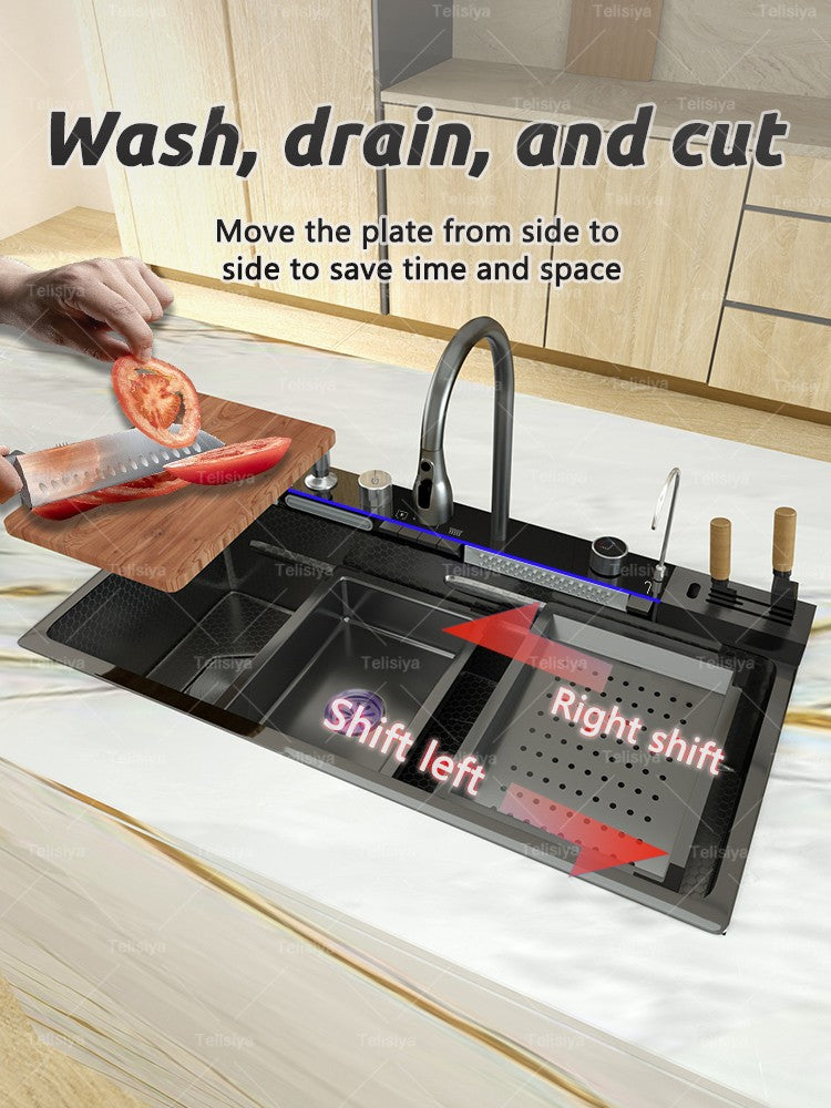 Stainless Steel kitchen Sink With Waterfall Golden Large Single Slot Multifunctional Digital Display Sinks 100*50CM