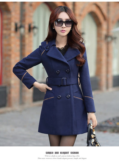 Autumn Winter Women Wool Coat 2024 Ladies Woolen Long Coat Female Fashion Slim-fit Double-Breasted Jacket with Belt S-3XL