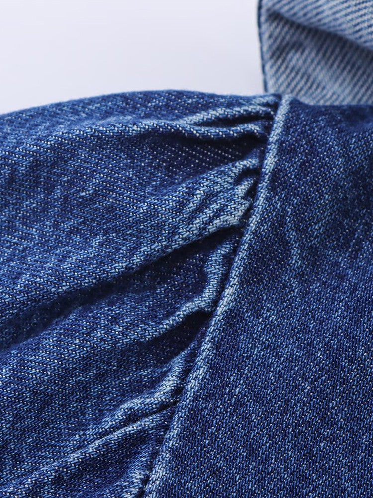 European style new women's fashion all-match temperament lotus leaf lace V-neck long-sleeved denim shirt