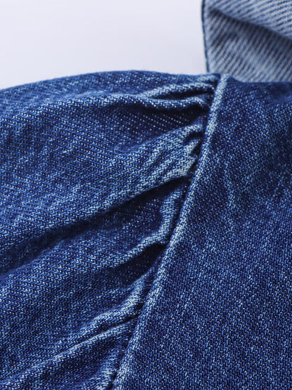 European style new women's fashion all-match temperament lotus leaf lace V-neck long-sleeved denim shirt