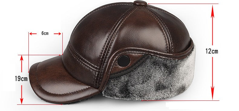 High Quality Genuine Leather Hats Winter First Layer Cowhide Warm Earmuffs Bomber Caps Plus Velvet Thicken Man Bone Caps Dad Hat