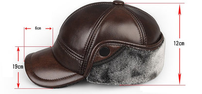 High Quality Genuine Leather Hats Winter First Layer Cowhide Warm Earmuffs Bomber Caps Plus Velvet Thicken Man Bone Caps Dad Hat