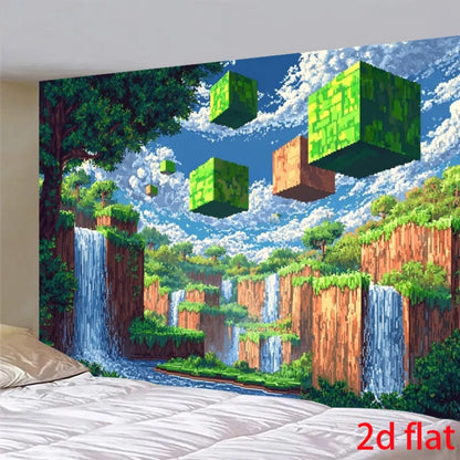 Pixel-style floating cube waterfall landscape 2D flat banner game room decoration digital art tapestry wall hanging, suitable