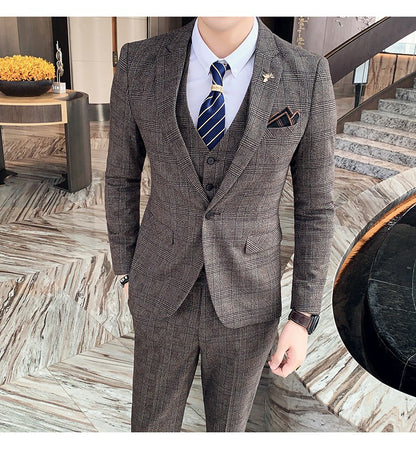 Men's High-quality Plus Size 5XL-M 3-piece Suit (suit+vest+pants) Business Fashion Plaid Suit Groom's Wedding Banquet Set