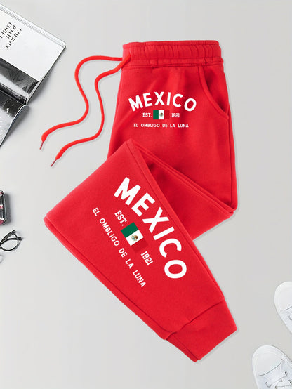 Calça de Moletom Masculina com Bolso Estampada México e Bandeira Outono Elástico na Cintura Calças Confortáveis de Rua Calça de Jogging Básica Longa