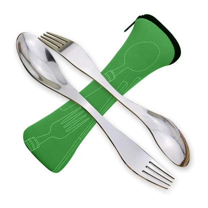 2 Peças Garfo-Colher de Aço Inoxidável 2 em 1 com Bolsa para Talheres Garfo-Colher Portátil para Acampamento Garfo-Colher Reutilizável Kit de Utensílios de Cozinha