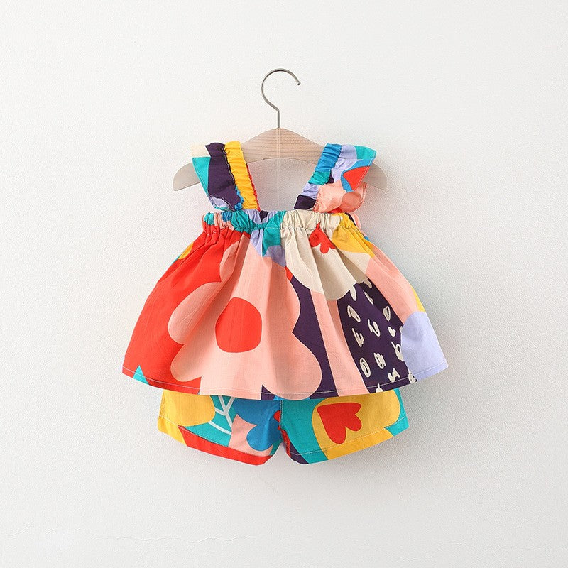 Baby Girls Clothing Sets Summer Suspender Top Color Matching Floral Vest + Children'S Casual Pants Little Kids Clothes Suit