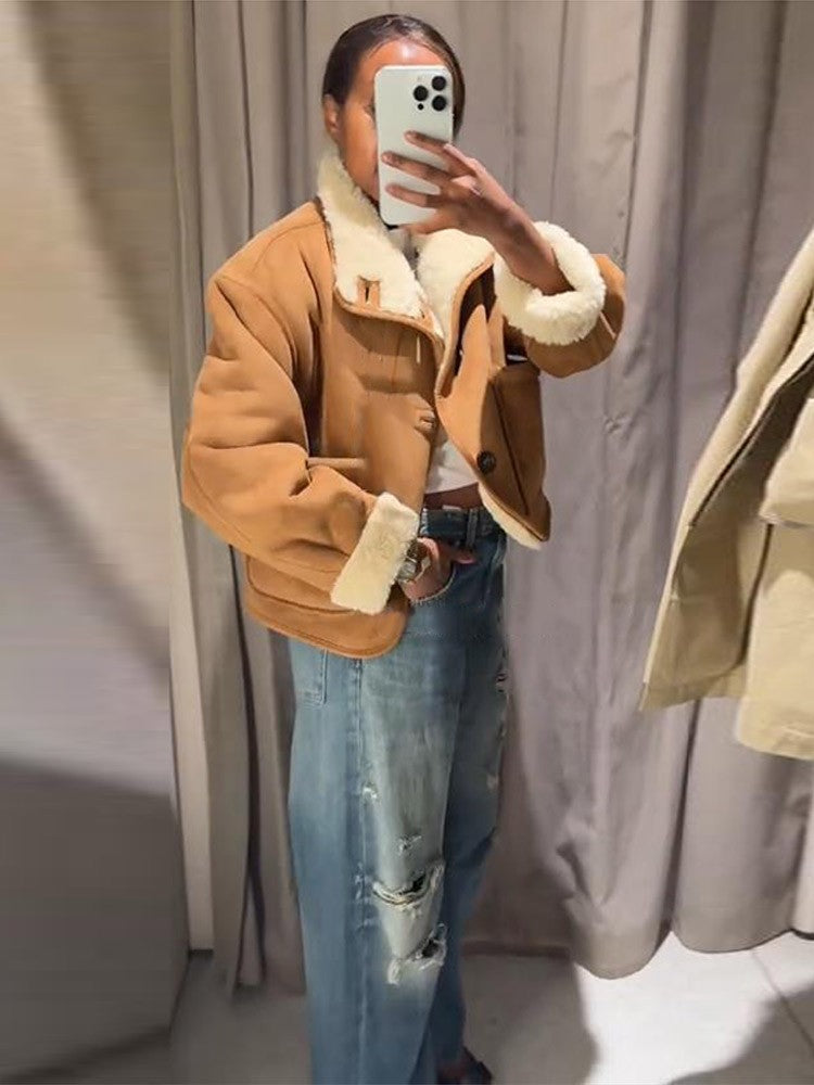 Suede Plush Both Sides Women's Coat Jacket Single Breasted Stand-Up Collar Pockets Female Jackets Autumn Loose Solid Coat Ladies