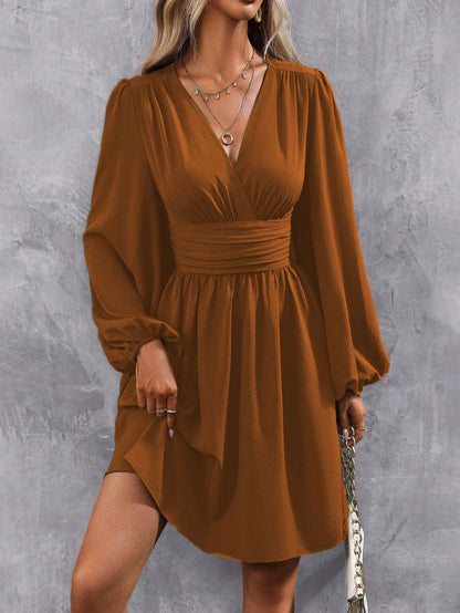 Dresses 2025 Woman Clothing V Neck Lantern Sleeve Wrap Mini Dress Ruched Waist Flowy Hem Elegant for Autumn and Party Styles ?