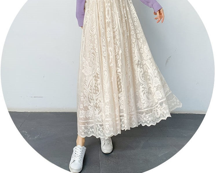 Plus Size plus Size Lace Hollow out f Skirt mid Waist Long Sle Fairy Skirt A-Line Umbrella Skirt Trendy Women's Clothing