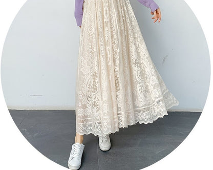 Plus Size plus Size Lace Hollow out f Skirt mid Waist Long Sle Fairy Skirt A-Line Umbrella Skirt Trendy Women's Clothing