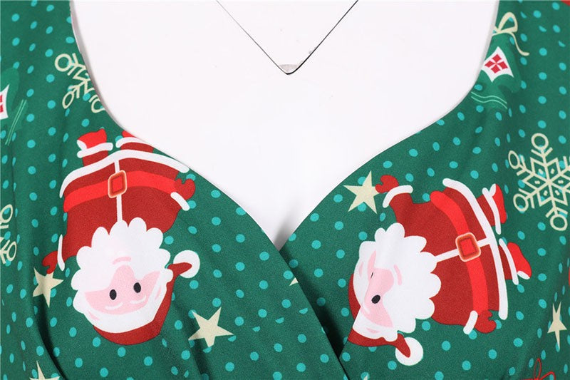 Fashion V-neck Short Sleeve Printed Christmas Dress Large Swing Vintage Elegant Xmas Party Dress