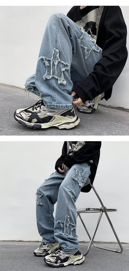 2025 Novas Estrelas da Moda Toalha Bordada Calças Jeans Marrons Masculinas Roupa Y2K Calças Retas Hip Hop de Algodão Pantalon Homme