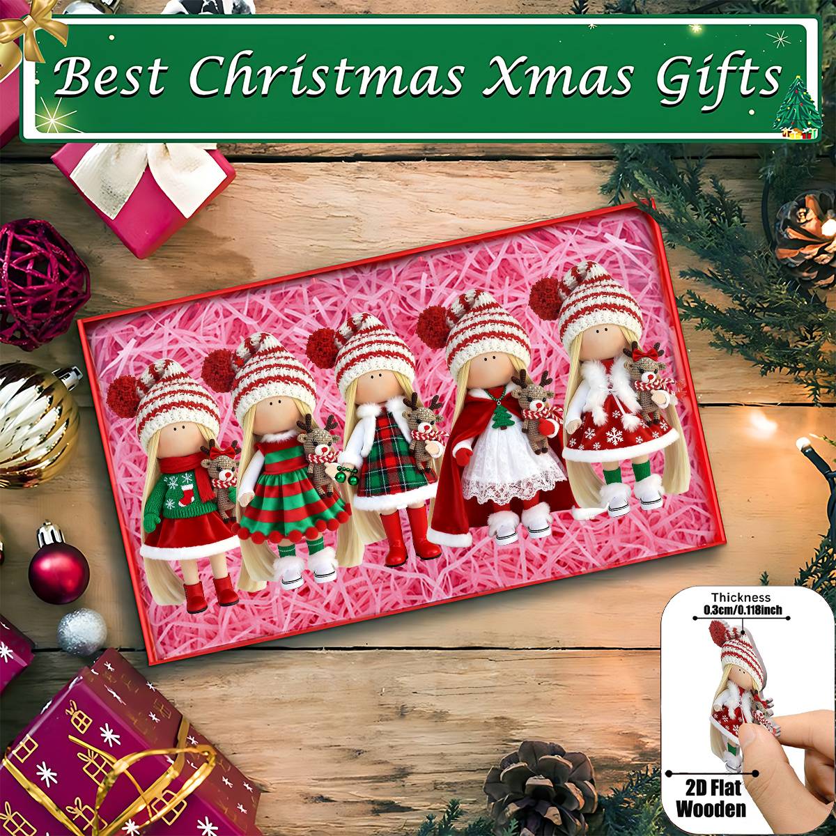 12Pcs Classic Long-haired Christmas Doll Design High-quality 2D Flat Wooden Pendant Christmas Doll Decoration for Christmas