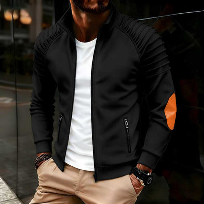 Men's jacket with zipper front, pleated sleeves, relaxed stand-up collar, long sleeves, suitable for autumn and winter tops