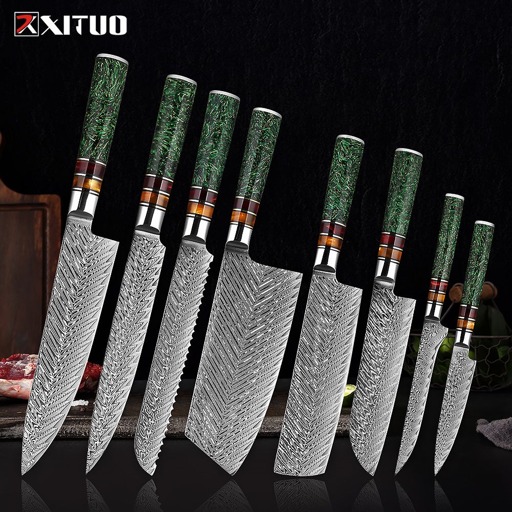 Conjunto de Facas de Cozinha XITUO Luxury Damascus Japonesas Chef Santoku Faca Cutelo Descascar Faca de Pão Cabo de Resina Sintética Destaque