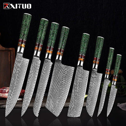 Conjunto de Facas de Cozinha XITUO Luxury Damascus Japonesas Chef Santoku Faca Cutelo Descascar Faca de Pão Cabo de Resina Sintética Destaque