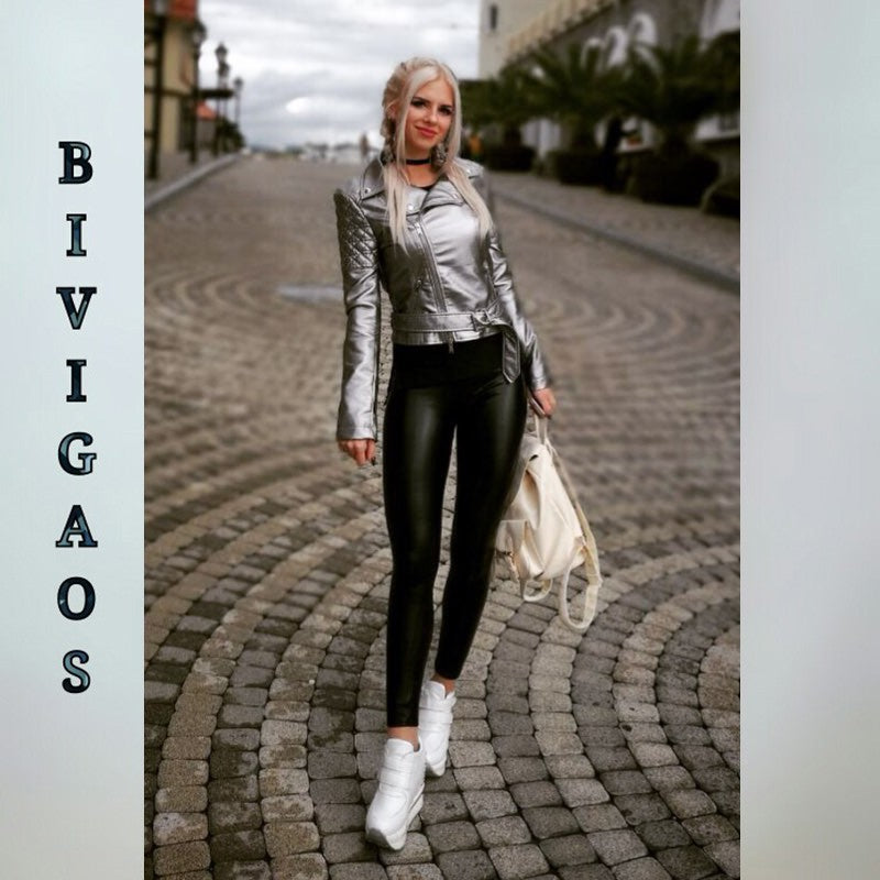 BIVIGAOS Fashion Women PU Leather Pants Elastic High Waist Winter Leggings Slim Velvet Leather Leggings Skinny Fleece Trousers
