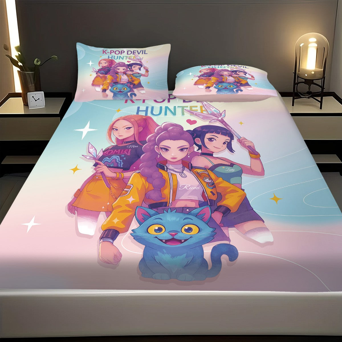 Conjunto de Lençóis Sem Costura K-Pop Demon Hunters Estampado 3 Peças Vários Tamanhos Macio Capa de Cama Roupa de Cama Lavável na Máquina